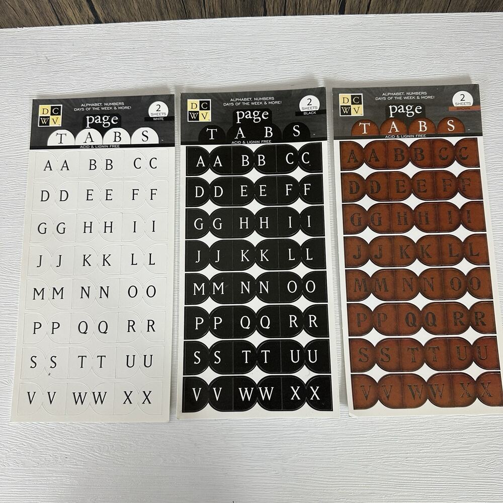 DCWV Stickers Scrapbooking Page Tabs White Black Brown Alphabet Letters Words